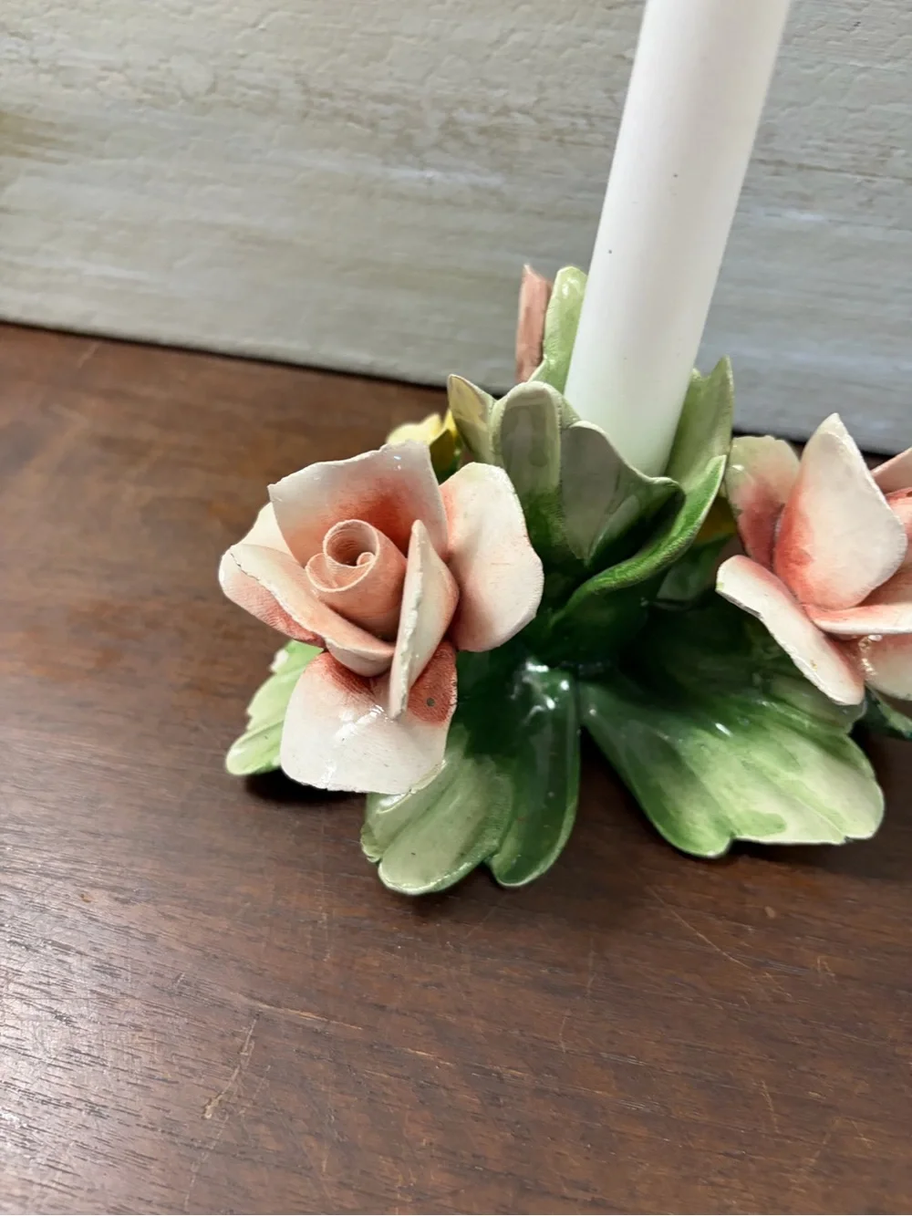 vintage Italian Capodimonte porcelain pink rose candle holder EUC cottagecore